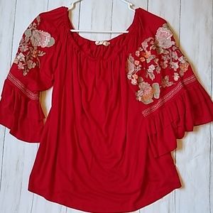 Altar'd State Embroidered Ruffle Sleeve Shirt Red